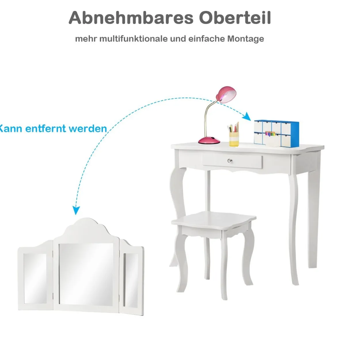 Schminktisch- und Hocker-Set für Kinder Frisiertisch mit Schublade Spiegel 70 x 34 x 103 cm Weiß