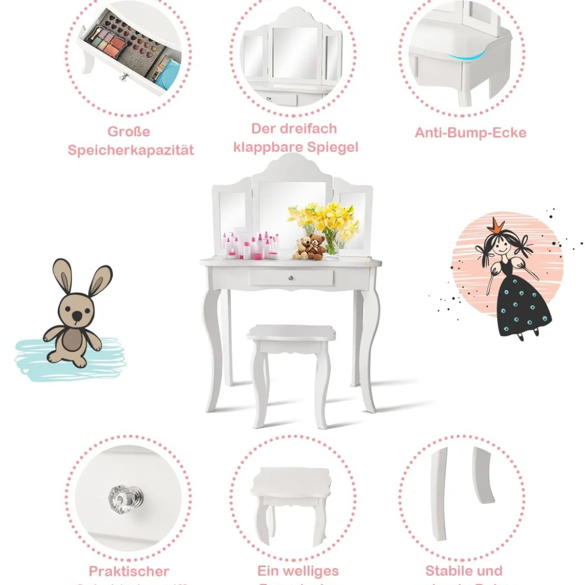 Schminktisch- und Hocker-Set für Kinder Frisiertisch mit Schublade Spiegel 70 x 34 x 103 cm Weiß