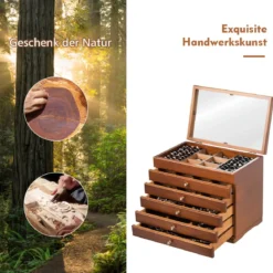 Schmuckschatulle für Ohrringe Holzkiste 1 Top-Fach mit Spiegel und 5 Schubladen Braun
