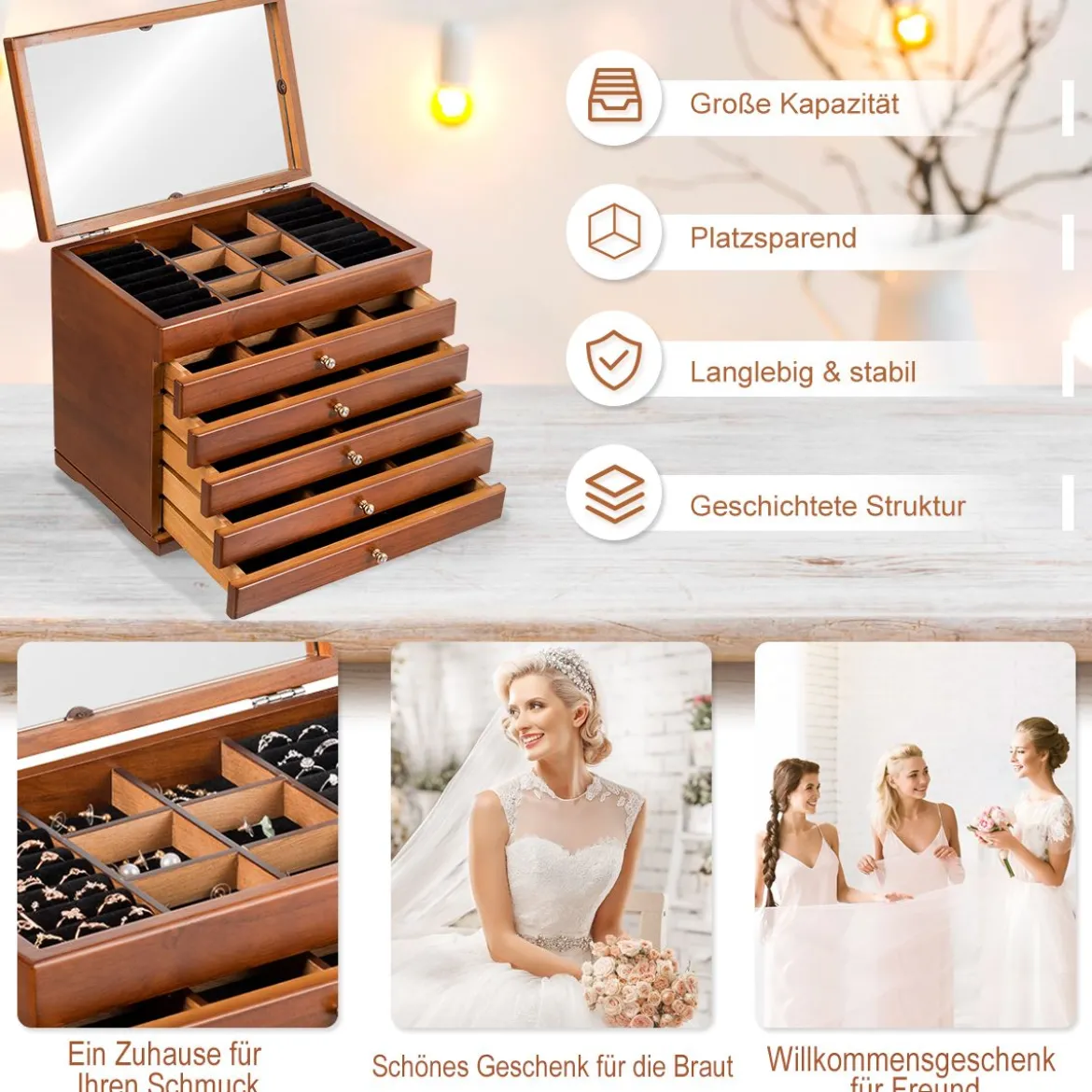 Schmuckschatulle für Ohrringe Holzkiste 1 Top-Fach mit Spiegel und 5 Schubladen Braun