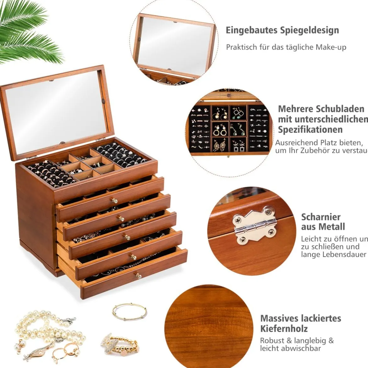 Schmuckschatulle für Ohrringe Holzkiste 1 Top-Fach mit Spiegel und 5 Schubladen Braun