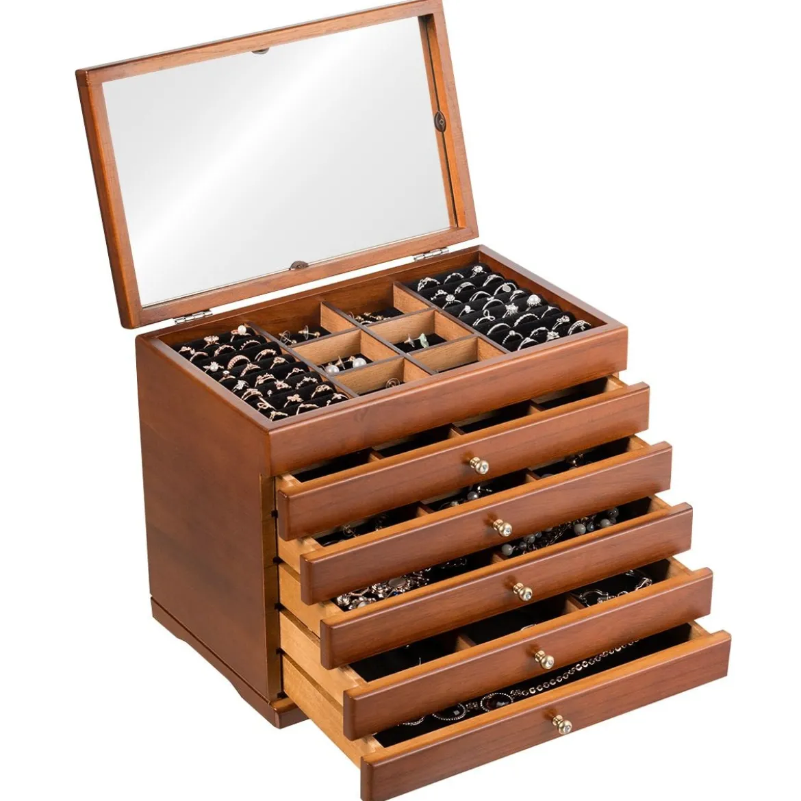 Schmuckschatulle für Ohrringe Holzkiste 1 Top-Fach mit Spiegel und 5 Schubladen Braun
