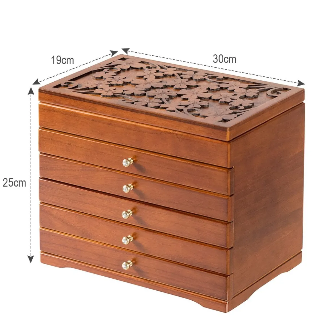 Schmuckschatulle für Ohrringe Holzkiste 1 Top-Fach mit Spiegel und 5 Schubladen Braun