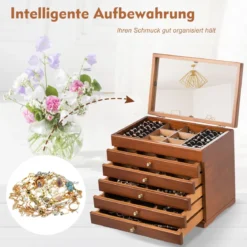 Schmuckschatulle für Ohrringe Holzkiste 1 Top-Fach mit Spiegel und 5 Schubladen Braun