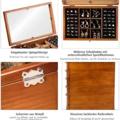 Schmuckschatulle für Ohrringe Holzkiste 1 Top-Fach mit Spiegel und 5 Schubladen Braun
