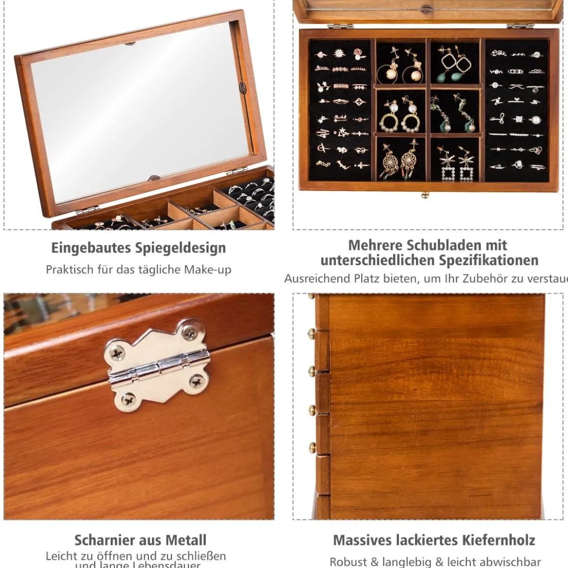 Schmuckschatulle für Ohrringe Holzkiste 1 Top-Fach mit Spiegel und 5 Schubladen Braun