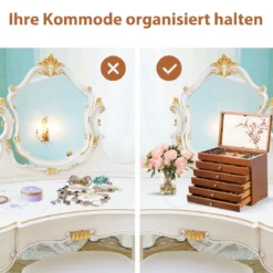 Schmuckschatulle für Ohrringe Holzkiste 1 Top-Fach mit Spiegel und 5 Schubladen Braun