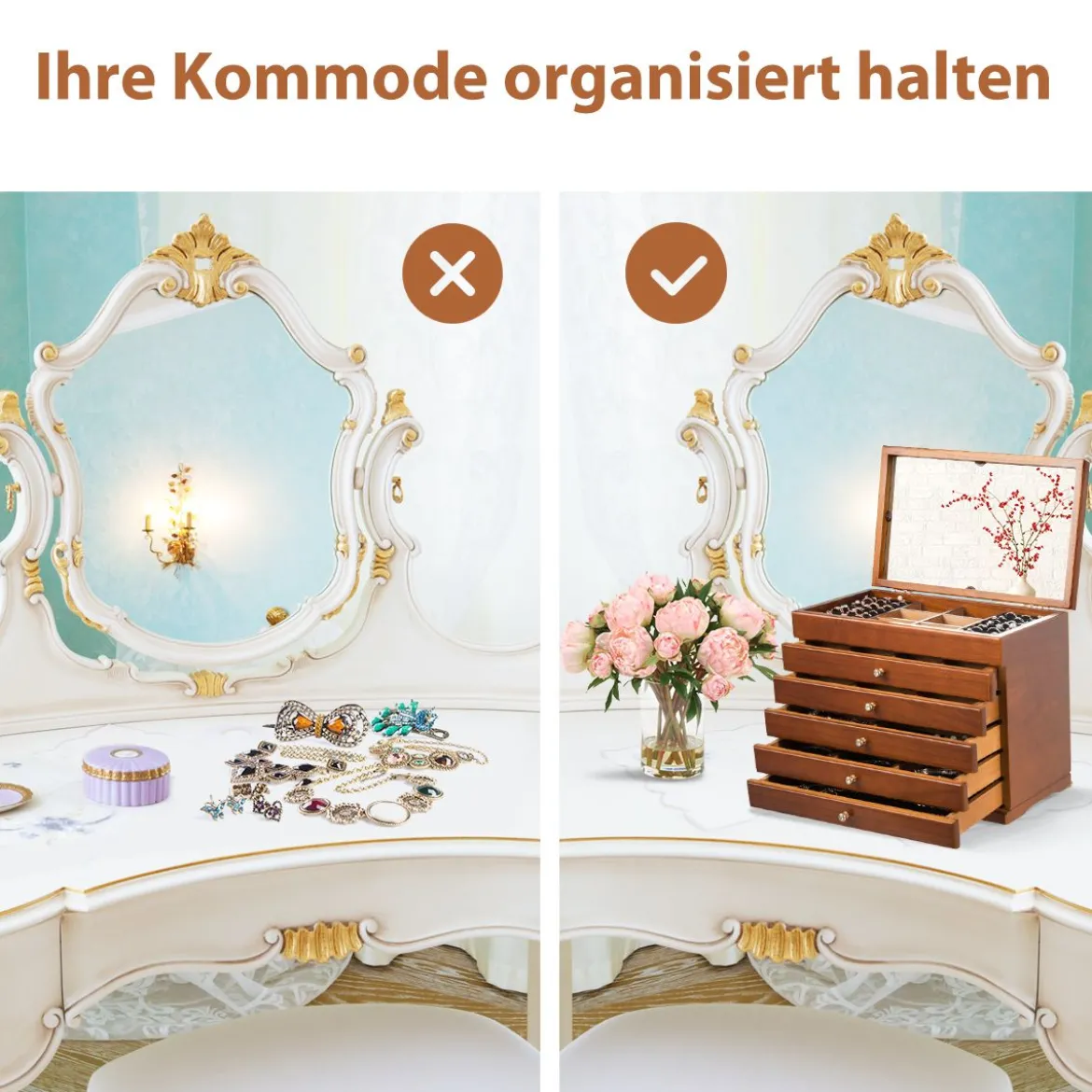 Schmuckschatulle für Ohrringe Holzkiste 1 Top-Fach mit Spiegel und 5 Schubladen Braun