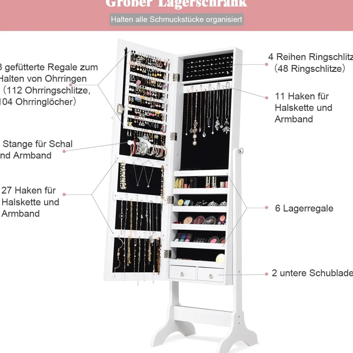 Schmuckschrank Abschließbar chmuck Spiegelschrank mit Spiegel 46 x 37 x 156 cm Weiß