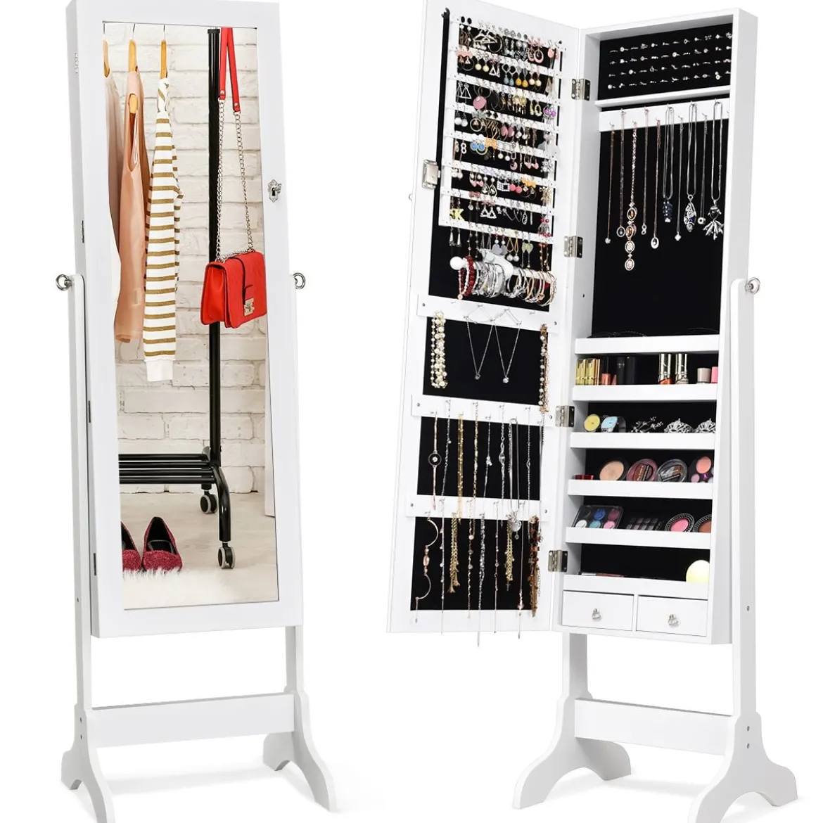 Schmuckschrank Abschließbar chmuck Spiegelschrank mit Spiegel 46 x 37 x 156 cm Weiß
