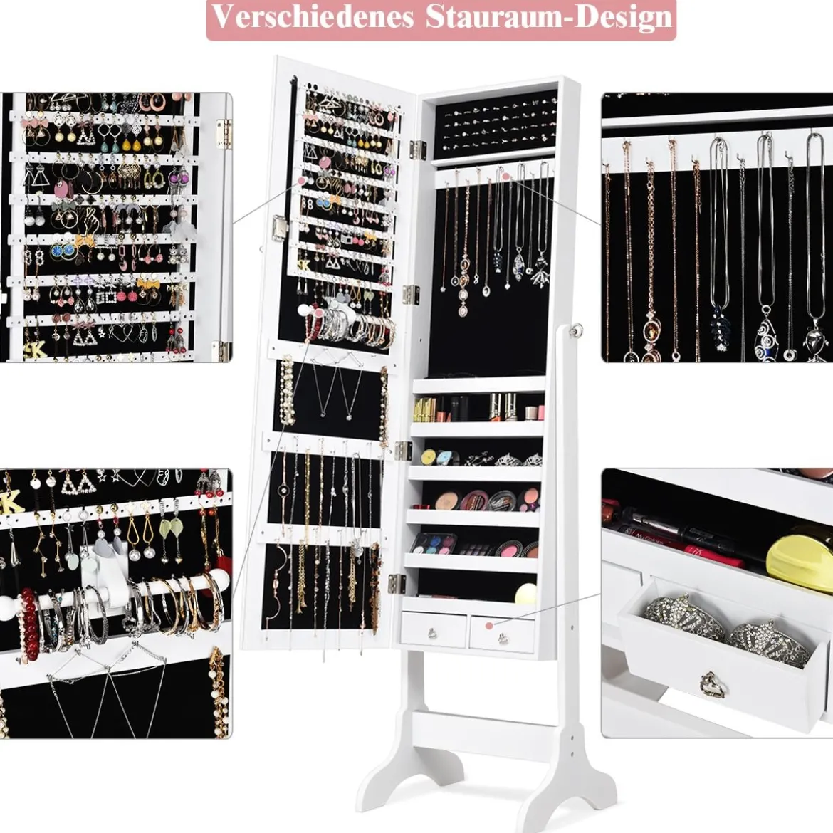 Schmuckschrank Abschließbar chmuck Spiegelschrank mit Spiegel 46 x 37 x 156 cm Weiß