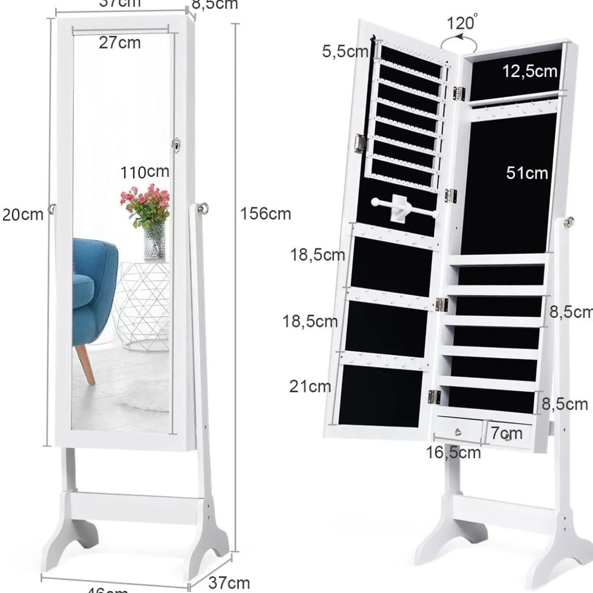 Schmuckschrank Abschließbar chmuck Spiegelschrank mit Spiegel 46 x 37 x 156 cm Weiß