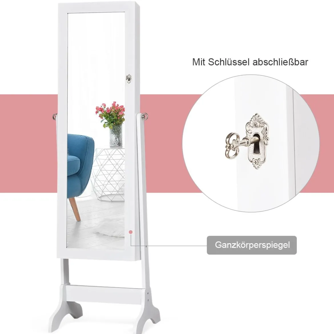 Schmuckschrank Abschließbar chmuck Spiegelschrank mit Spiegel 46 x 37 x 156 cm Weiß