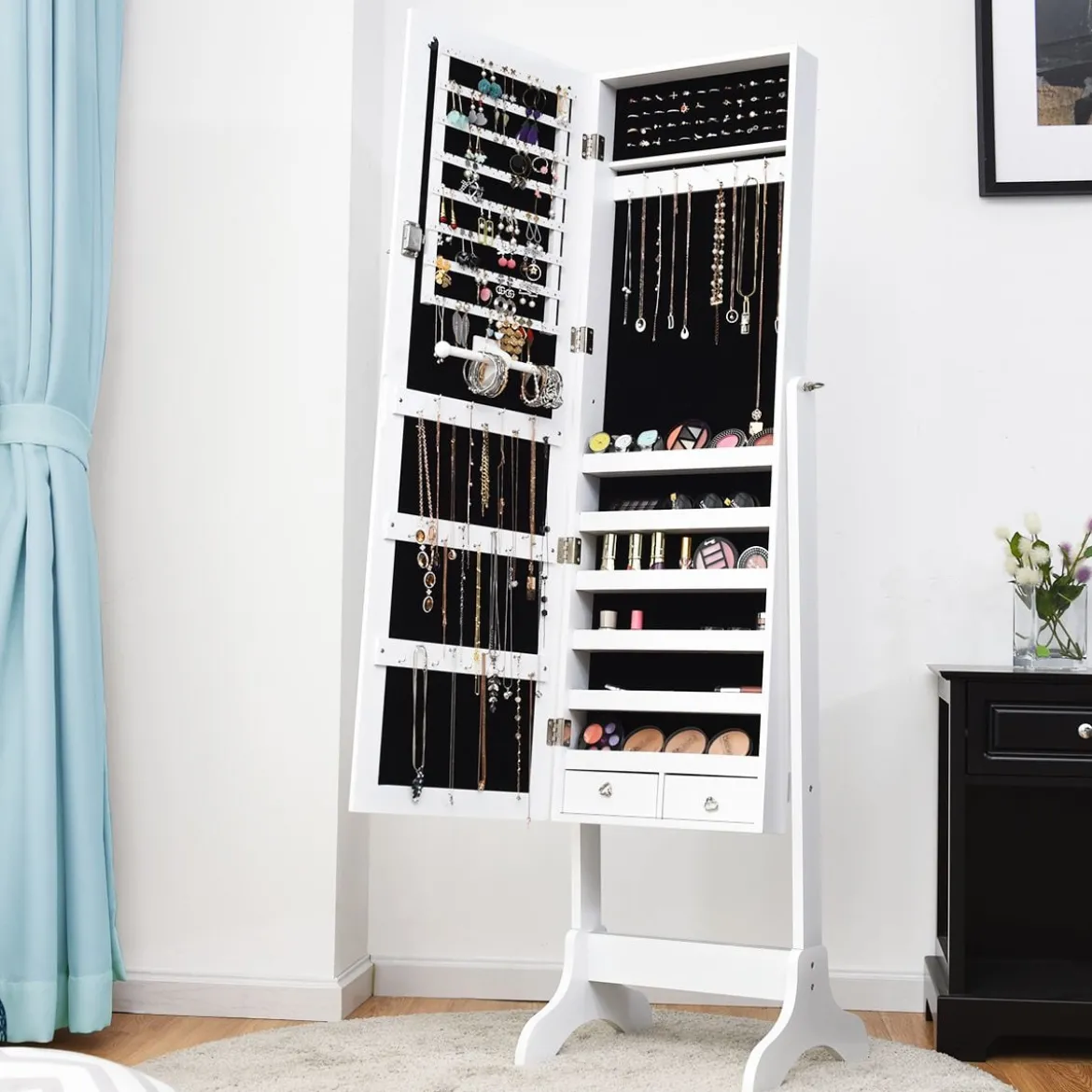 Schmuckschrank Abschließbar chmuck Spiegelschrank mit Spiegel 46 x 37 x 156 cm Weiß