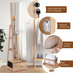 Schmuckschrank 360° Drehbar Spiegelschrank Abschließbar Schmuckregal mit Ganzkörperspiegel Natur