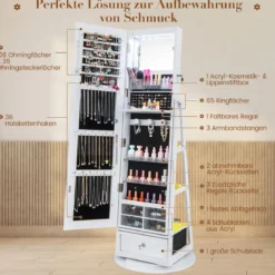 Schmuckschrank 360° drehbar Spiegelschrank mit Ganzkörperspiegel 140 x 37 cm Weiß