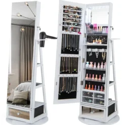 Schmuckschrank 360° drehbar Spiegelschrank mit Ganzkörperspiegel 140 x 37 cm Weiß