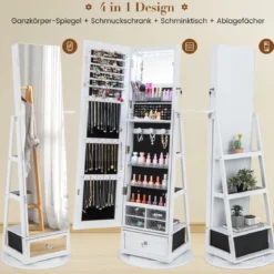 Schmuckschrank 360° drehbar Spiegelschrank mit Ganzkörperspiegel 140 x 37 cm Weiß