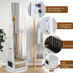 Schmuckschrank 360° drehbar Spiegelschrank mit Ganzkörperspiegel 140 x 37 cm Weiß