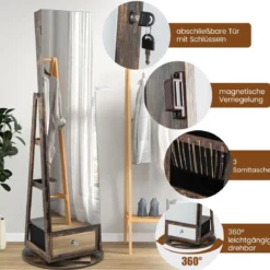 Schmuckschrank 360° drehbar Spiegelschrank mit Ganzkörperspiegel 140 x 37 cm Rustikales Braun