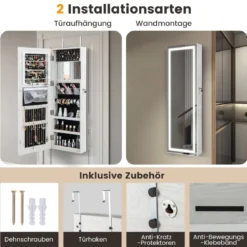 Schmuckschrank hängend Spiegelschrank abschließbar mit Dreifarbige LED Beleuchtung Weiß