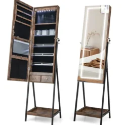 Schmuckschrank mit Ablage & Ganzkörperspiegel & 3 Farbigen LED-Lechten & 2 Schubladen Braun
