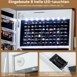 Schmuckschrank mit Ablage & Ganzkörperspiegel & 3 Farbigen LED-Lechten & 2 Schubladen Weiß
