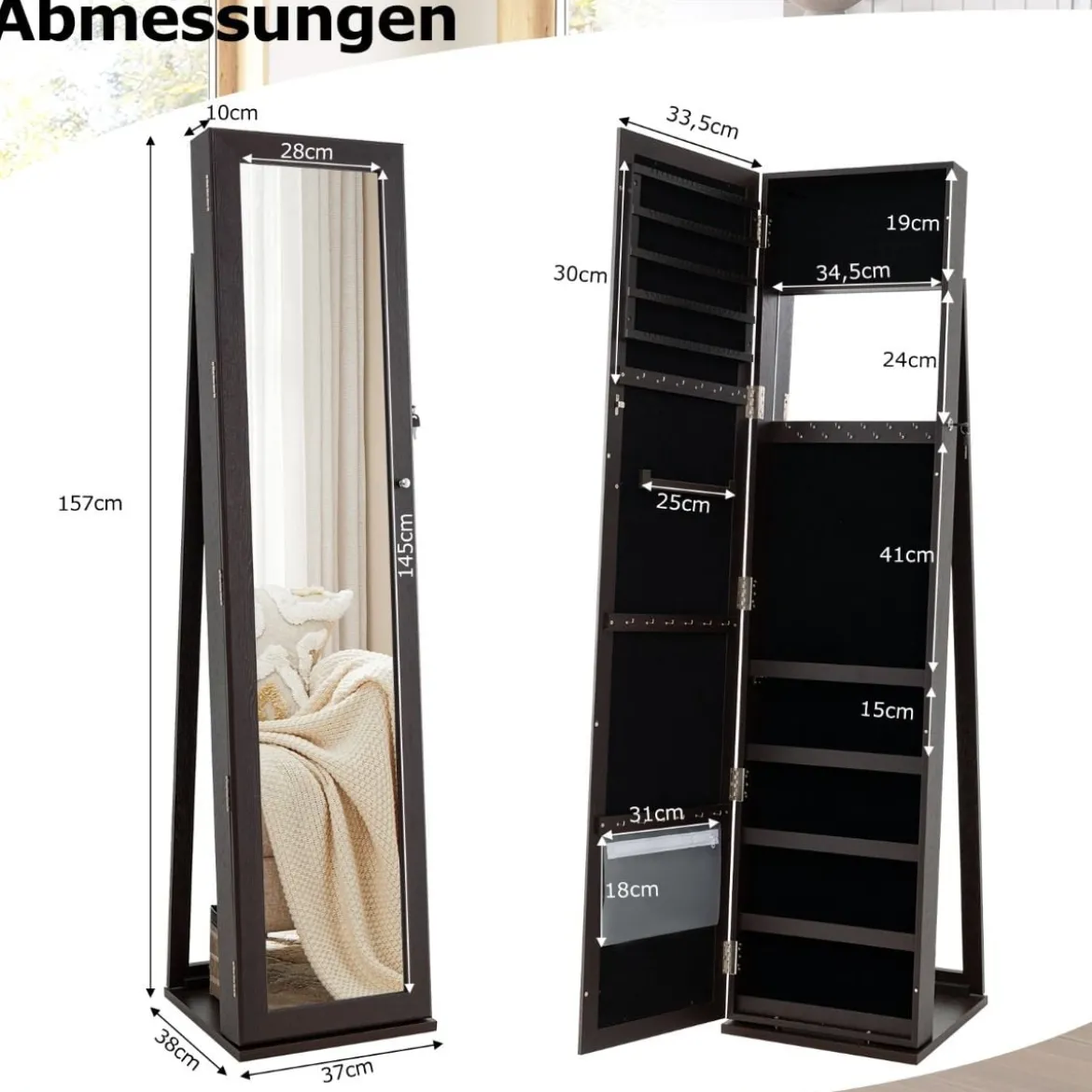 Schmuckschrank mit Ganzkörperspiegel & Integriertem Make-up Spiegel Spiegelschrank