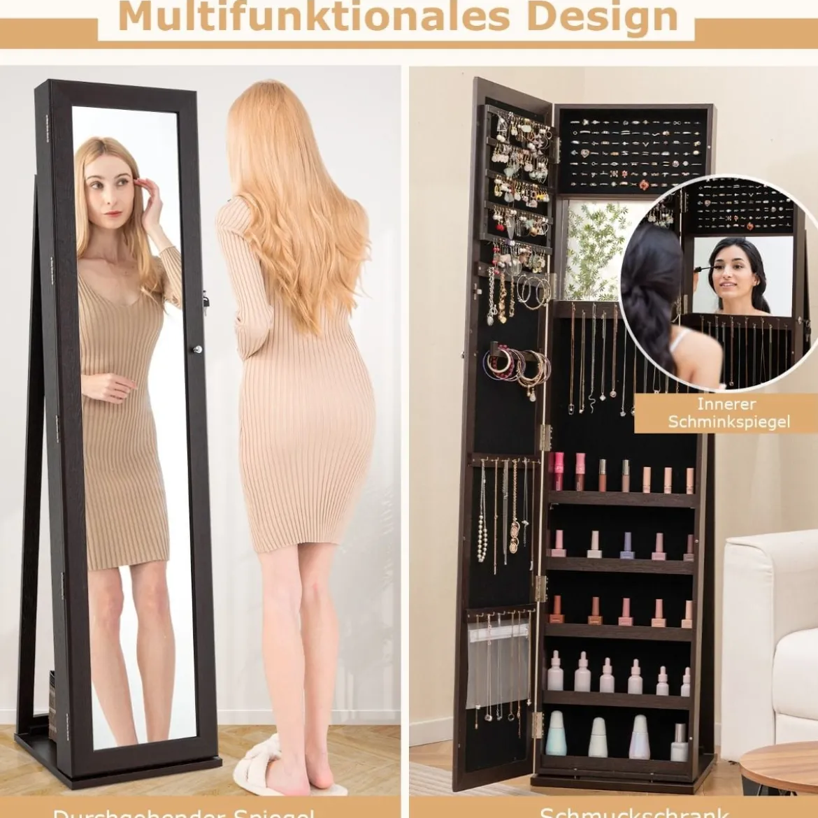 Schmuckschrank mit Ganzkörperspiegel & Integriertem Make-up Spiegel Spiegelschrank