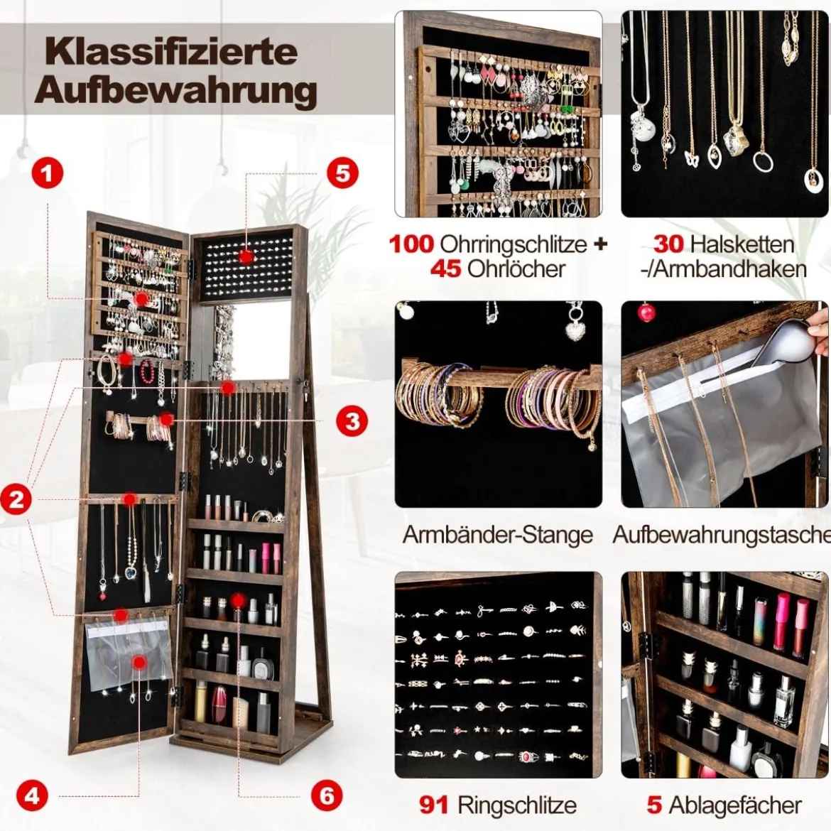 Schmuckschrank mit Ganzkörperspiegel & Integriertem Make-up Spiegel Spiegelschrank