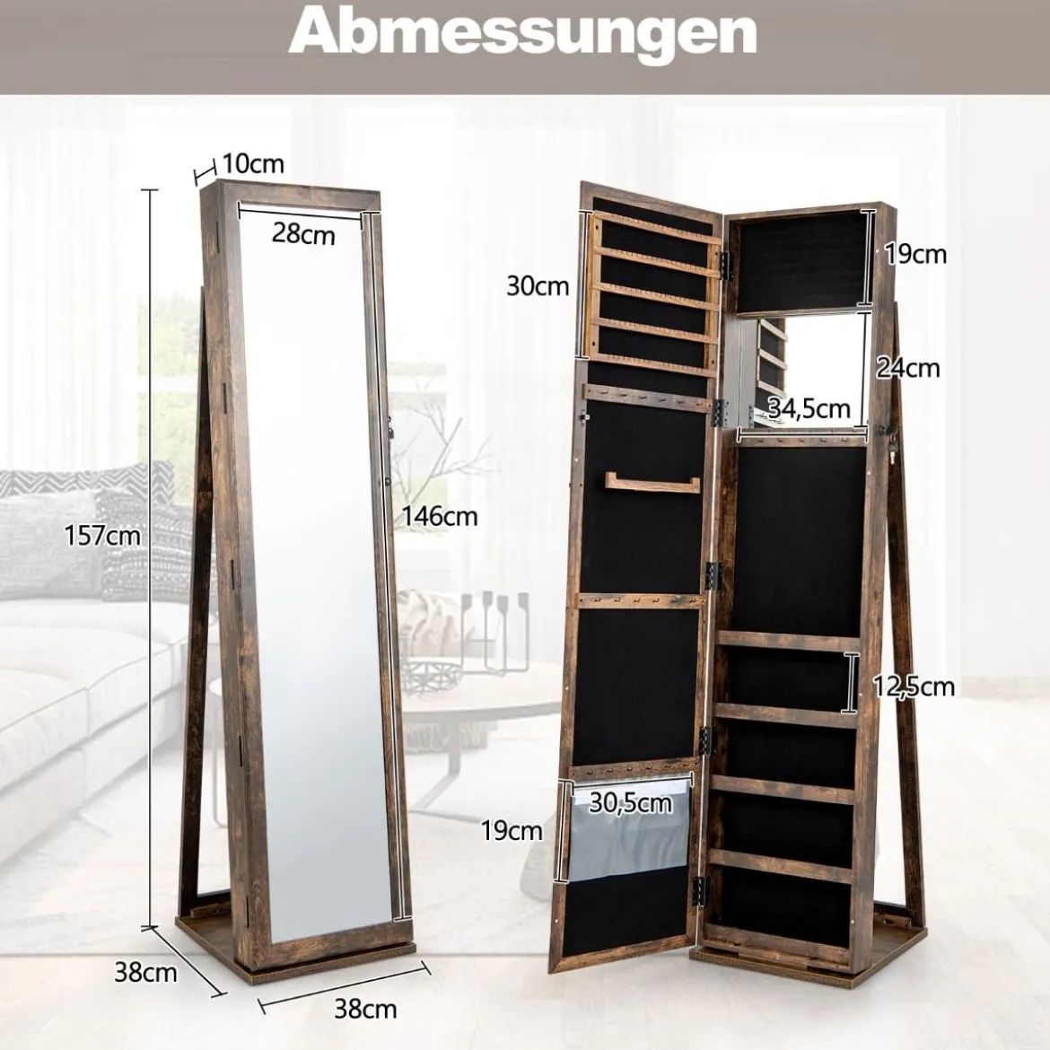Schmuckschrank mit Ganzkörperspiegel & Integriertem Make-up Spiegel Spiegelschrank