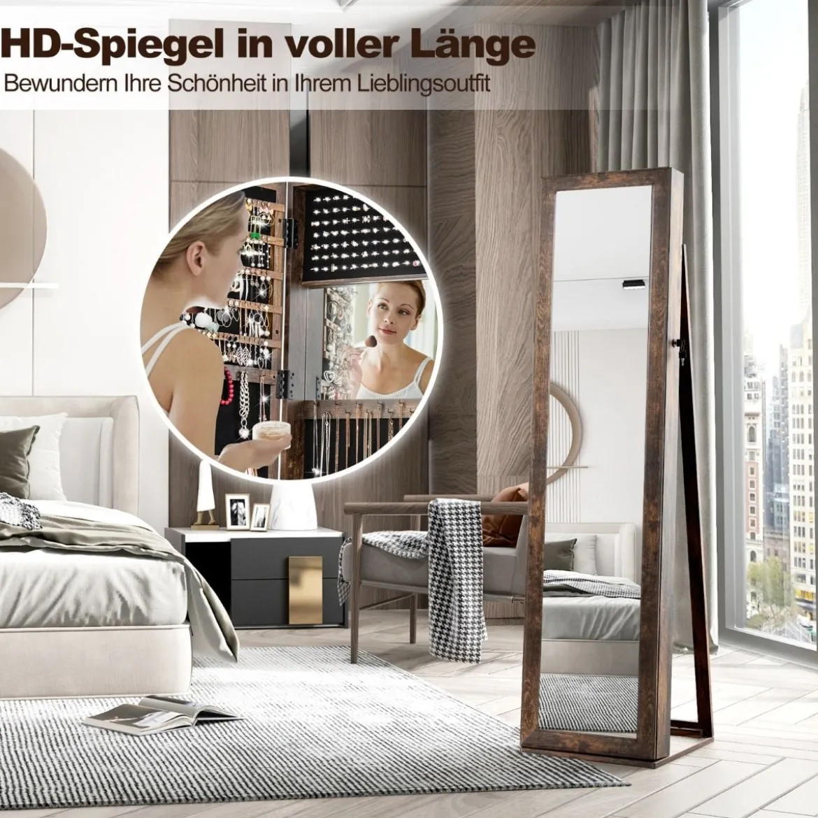Schmuckschrank mit Ganzkörperspiegel & Integriertem Make-up Spiegel Spiegelschrank