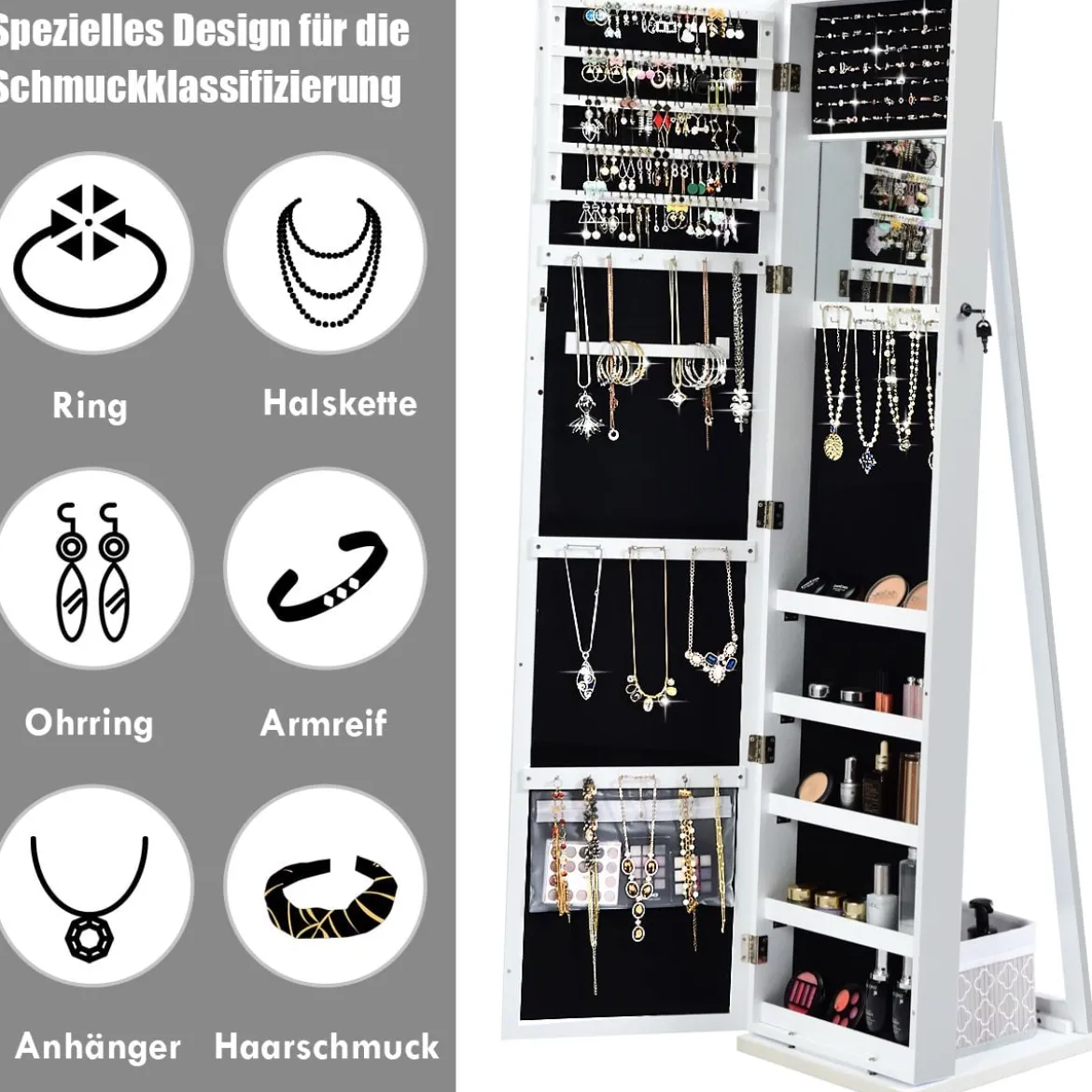 Schmuckschrank mit Ganzkörperspiegel & Integriertem Make-up Spiegel Spiegelschrank