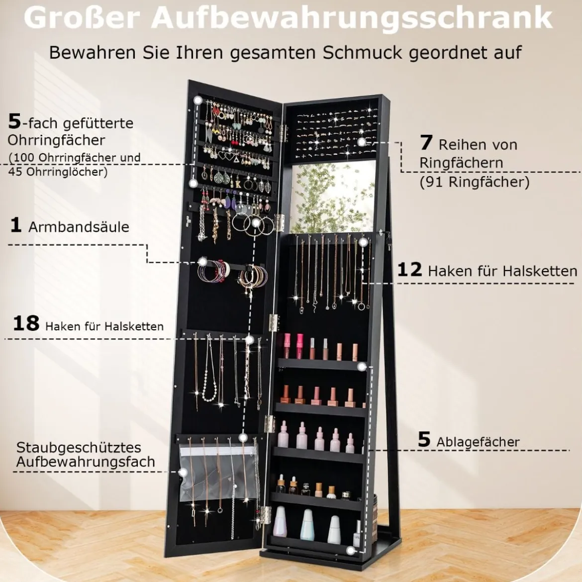 Schmuckschrank mit Ganzkörperspiegel & Integriertem Make-up Spiegel Spiegelschrank