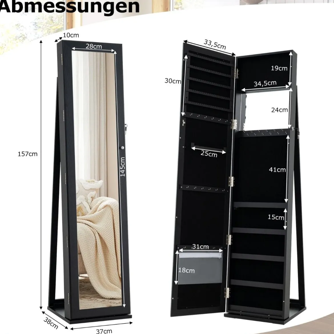 Schmuckschrank mit Ganzkörperspiegel & Integriertem Make-up Spiegel Spiegelschrank