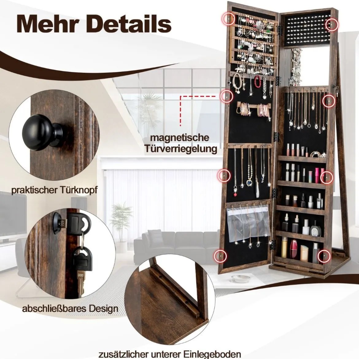 Schmuckschrank mit Ganzkörperspiegel & Integriertem Make-up Spiegel Spiegelschrank