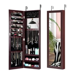 Schmuckschrank mit Ganzkörperspiegel und eingebautem Schminkspiegel Weiß/Schwarz/Braun