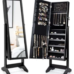 Schmuckschrank mit Ganzkörperspiegel mit Ohrringfächern 41 x 36,5 x 146 cm Schwarz