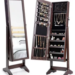 Schmuckschrank mit Ganzkörperspiegel freistehender Schmuckständer 41 x 36,5 x 146 cm Braun