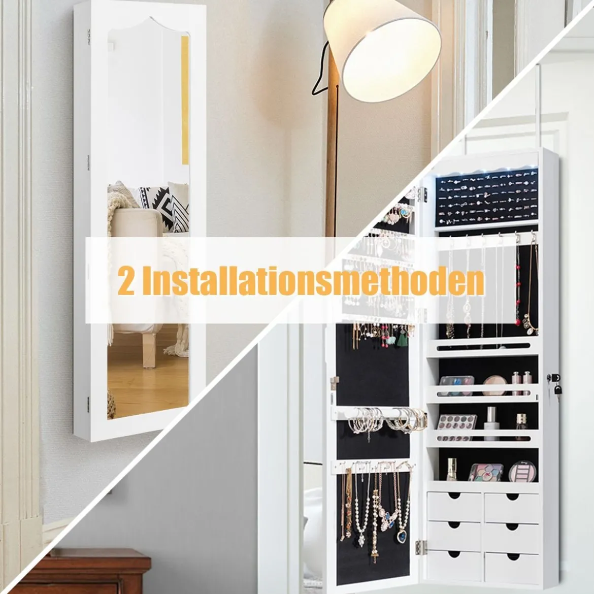 Schmuckschrank mit LED Abschließbarer Wand-/Türschmuckschrank mit Spiegel & 6 Schubläden Weiß