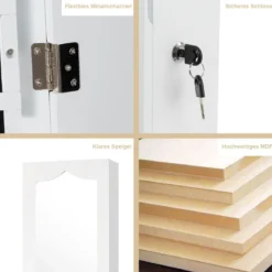 Schmuckschrank mit LED Abschließbarer Wand-/Türschmuckschrank mit Spiegel & 6 Schubläden Weiß