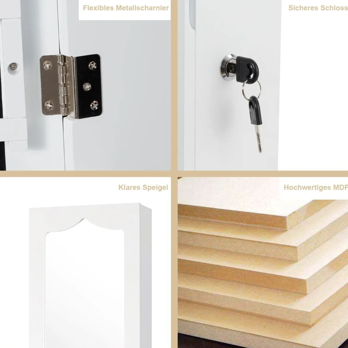Schmuckschrank mit LED Abschließbarer Wand-/Türschmuckschrank mit Spiegel & 6 Schubläden Weiß