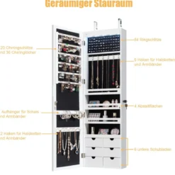 Schmuckschrank mit LED Abschließbarer Wand-/Türschmuckschrank mit Spiegel & 6 Schubläden Weiß