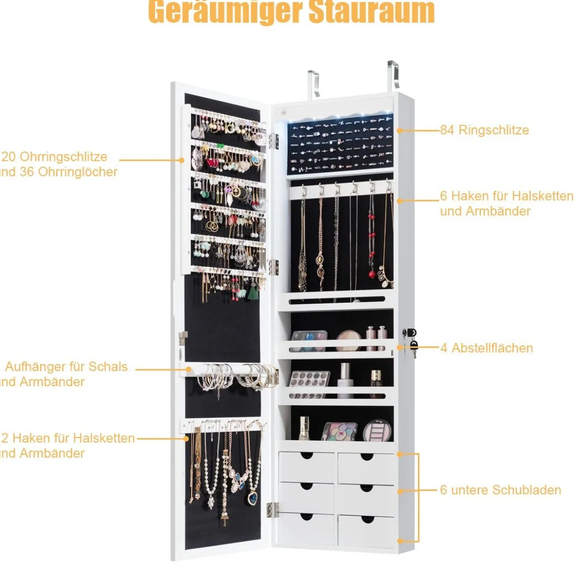 Schmuckschrank mit LED Abschließbarer Wand-/Türschmuckschrank mit Spiegel & 6 Schubläden Weiß