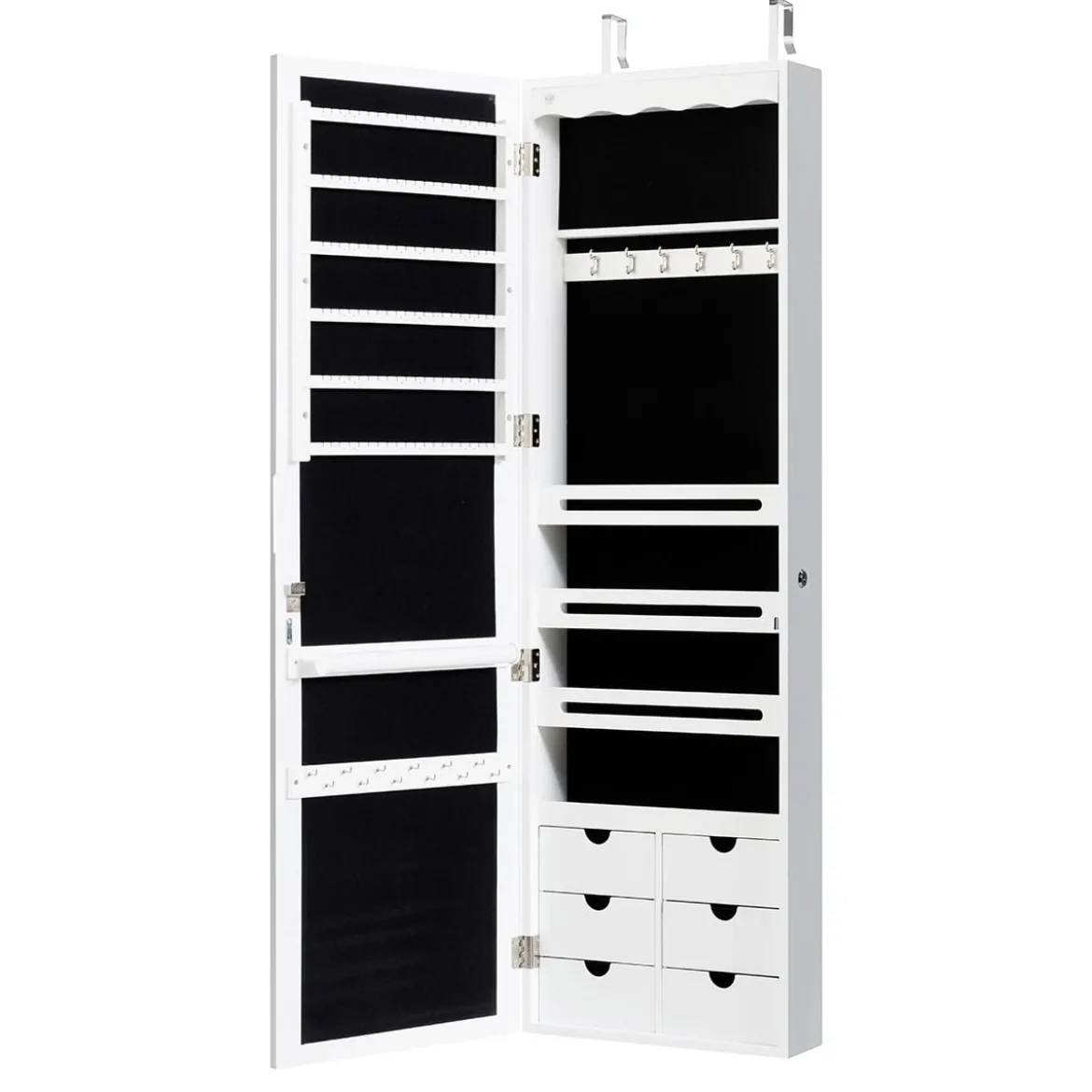 Schmuckschrank mit LED Abschließbarer Wand-/Türschmuckschrank mit Spiegel & 6 Schubläden Weiß