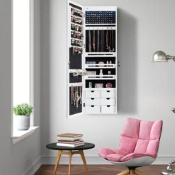 Schmuckschrank mit LED Abschließbarer Wand-/Türschmuckschrank mit Spiegel & 6 Schubläden Weiß