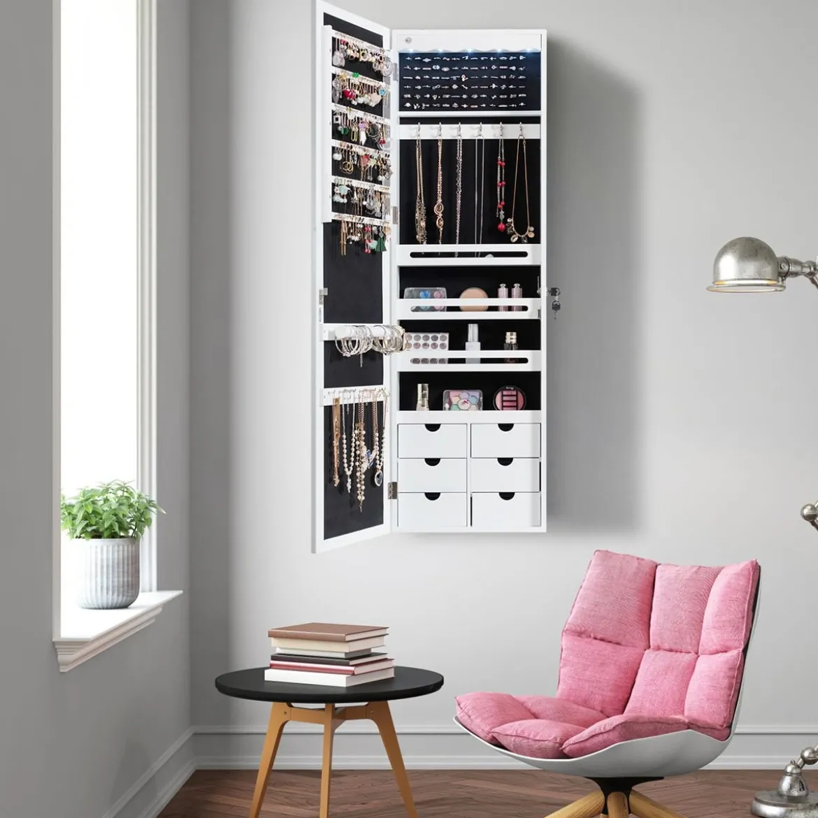 Schmuckschrank mit LED Abschließbarer Wand-/Türschmuckschrank mit Spiegel & 6 Schubläden Weiß