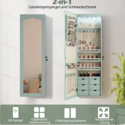 Schmuckschrank mit LED Abschließbarer Wand-/Türschmuckschrank mit Spiegel & 6 Schubläden Grün