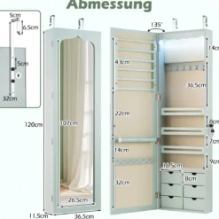 Schmuckschrank mit LED Abschließbarer Wand-/Türschmuckschrank mit Spiegel & 6 Schubläden Grün