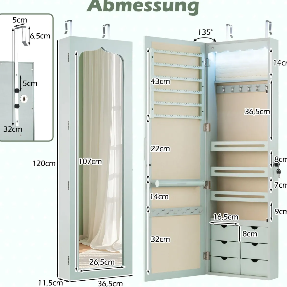 Schmuckschrank mit LED Abschließbarer Wand-/Türschmuckschrank mit Spiegel & 6 Schubläden Grün